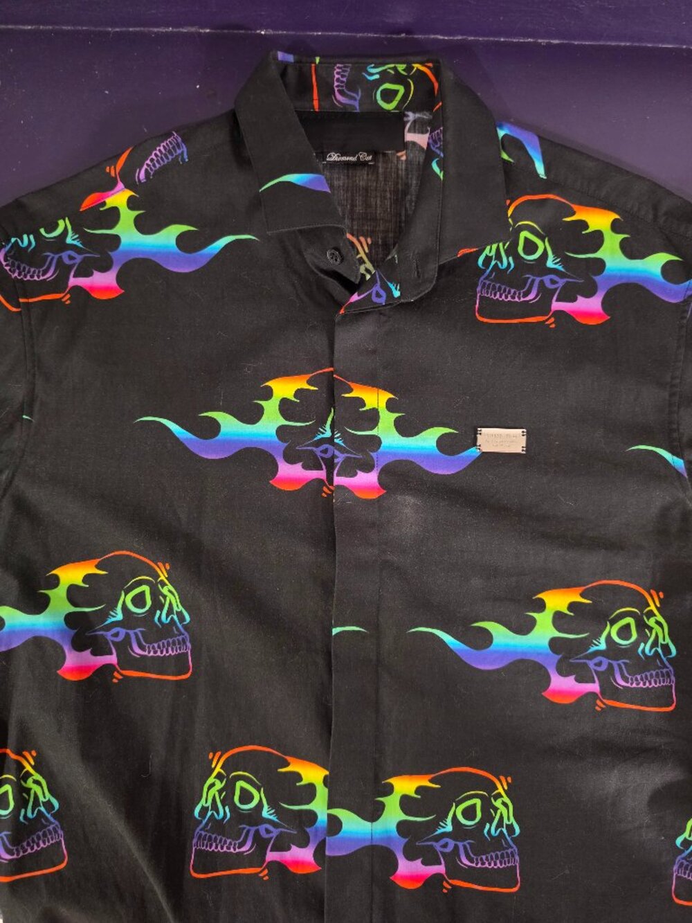 Philipp Plein rainbow flaming skull long sleeve button down shirt